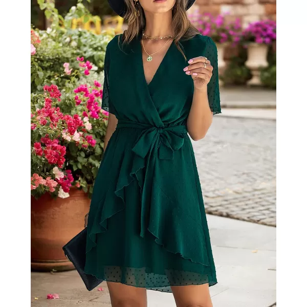 imageBTFBM Women 2023 Fashion Faux Wrap VNeck Dresses Short Sleeve High Waist Belt Swing Ruffle Hem Aline Summer Short DressDark Green