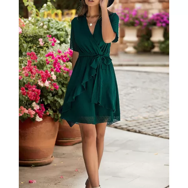 imageBTFBM Women 2023 Fashion Faux Wrap VNeck Dresses Short Sleeve High Waist Belt Swing Ruffle Hem Aline Summer Short DressDark Green