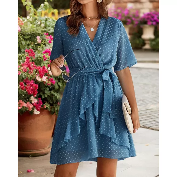 imageBTFBM Women 2023 Fashion Faux Wrap VNeck Dresses Short Sleeve High Waist Belt Swing Ruffle Hem Aline Summer Short DressGrey Blue