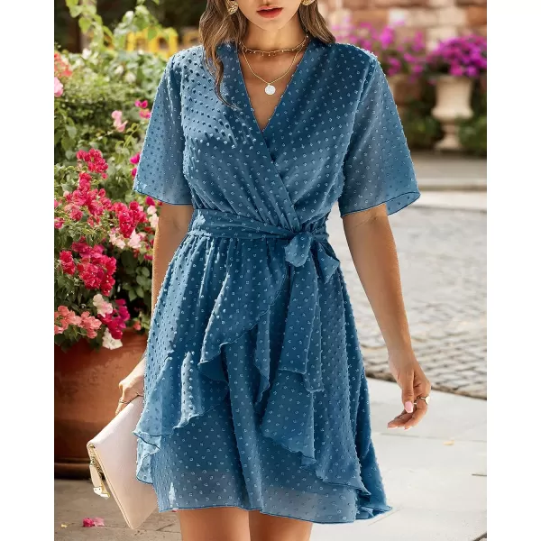 imageBTFBM Women 2023 Fashion Faux Wrap VNeck Dresses Short Sleeve High Waist Belt Swing Ruffle Hem Aline Summer Short DressGrey Blue