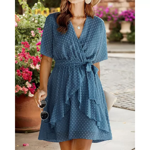 imageBTFBM Women 2023 Fashion Faux Wrap VNeck Dresses Short Sleeve High Waist Belt Swing Ruffle Hem Aline Summer Short DressGrey Blue