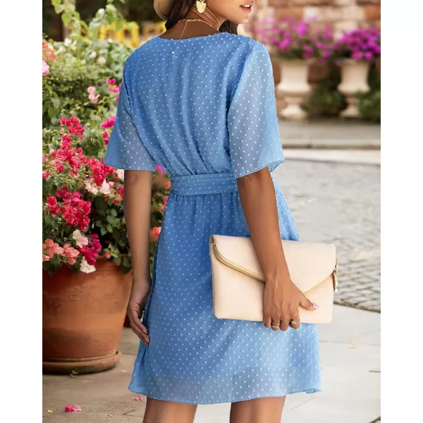 imageBTFBM Women 2023 Fashion Faux Wrap VNeck Dresses Short Sleeve High Waist Belt Swing Ruffle Hem Aline Summer Short DressLight Blue