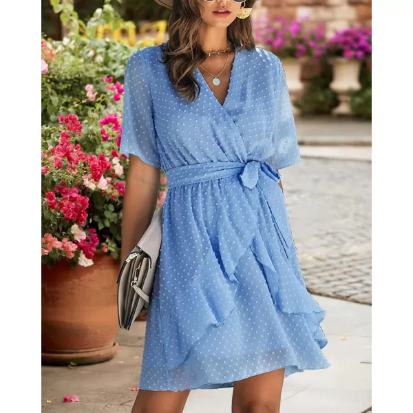 imageBTFBM Women 2023 Fashion Faux Wrap VNeck Dresses Short Sleeve High Waist Belt Swing Ruffle Hem Aline Summer Short DressLight Blue