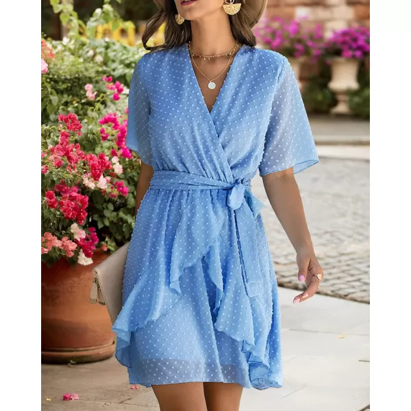 imageBTFBM Women 2023 Fashion Faux Wrap VNeck Dresses Short Sleeve High Waist Belt Swing Ruffle Hem Aline Summer Short DressLight Blue