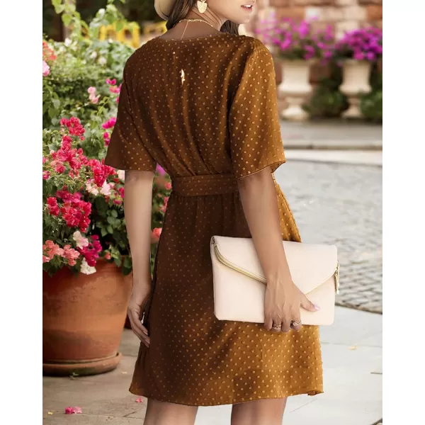 imageBTFBM Women 2023 Fashion Faux Wrap VNeck Dresses Short Sleeve High Waist Belt Swing Ruffle Hem Aline Summer Short DressLight Brown