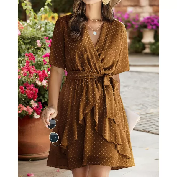 imageBTFBM Women 2023 Fashion Faux Wrap VNeck Dresses Short Sleeve High Waist Belt Swing Ruffle Hem Aline Summer Short DressLight Brown