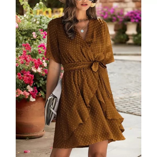 imageBTFBM Women 2023 Fashion Faux Wrap VNeck Dresses Short Sleeve High Waist Belt Swing Ruffle Hem Aline Summer Short DressLight Brown