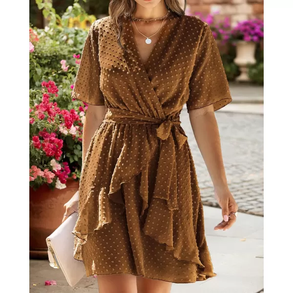 imageBTFBM Women 2023 Fashion Faux Wrap VNeck Dresses Short Sleeve High Waist Belt Swing Ruffle Hem Aline Summer Short DressLight Brown