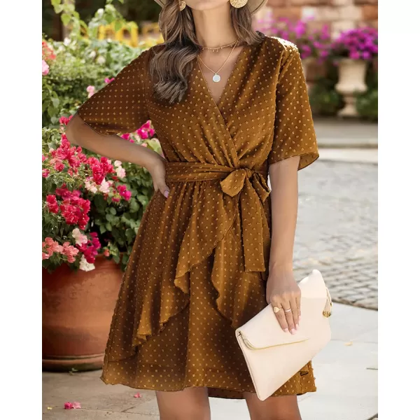 imageBTFBM Women 2023 Fashion Faux Wrap VNeck Dresses Short Sleeve High Waist Belt Swing Ruffle Hem Aline Summer Short DressLight Brown