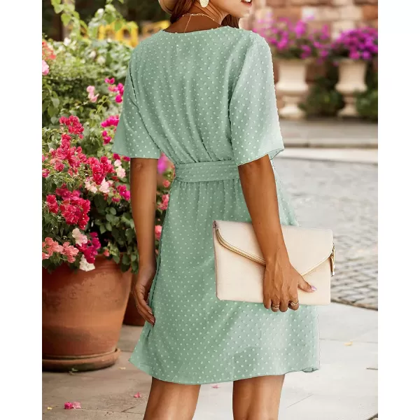 imageBTFBM Women 2023 Fashion Faux Wrap VNeck Dresses Short Sleeve High Waist Belt Swing Ruffle Hem Aline Summer Short DressLight Green