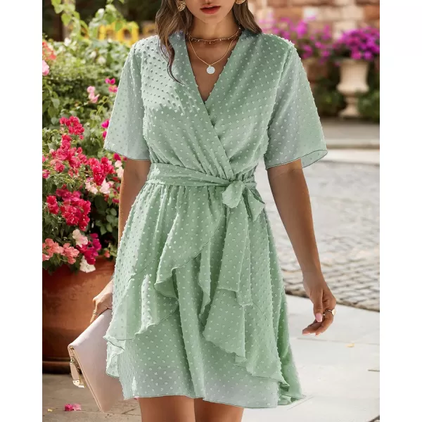 imageBTFBM Women 2023 Fashion Faux Wrap VNeck Dresses Short Sleeve High Waist Belt Swing Ruffle Hem Aline Summer Short DressLight Green