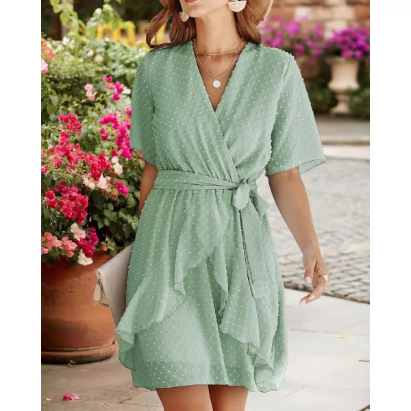 imageBTFBM Women 2023 Fashion Faux Wrap VNeck Dresses Short Sleeve High Waist Belt Swing Ruffle Hem Aline Summer Short DressLight Green