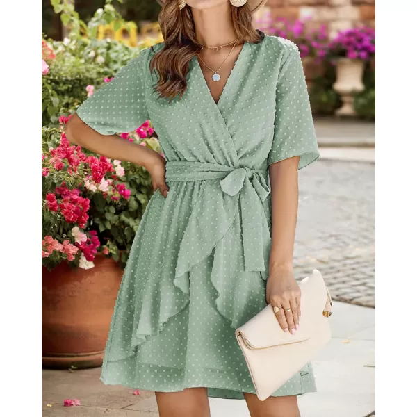 imageBTFBM Women 2023 Fashion Faux Wrap VNeck Dresses Short Sleeve High Waist Belt Swing Ruffle Hem Aline Summer Short DressLight Green