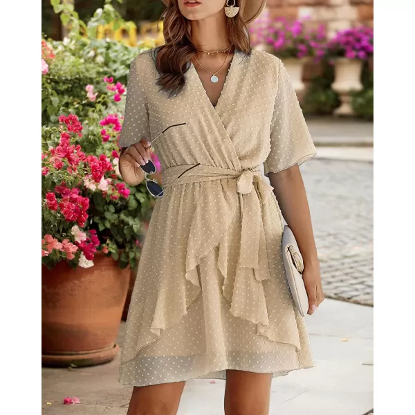 imageBTFBM Women 2023 Fashion Faux Wrap VNeck Dresses Short Sleeve High Waist Belt Swing Ruffle Hem Aline Summer Short DressLight Yellow