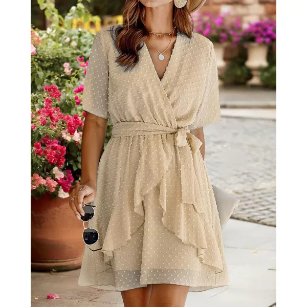 imageBTFBM Women 2023 Fashion Faux Wrap VNeck Dresses Short Sleeve High Waist Belt Swing Ruffle Hem Aline Summer Short DressLight Yellow