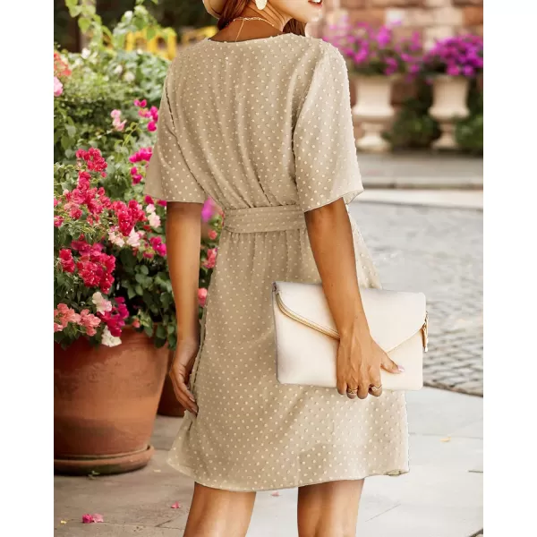 imageBTFBM Women 2023 Fashion Faux Wrap VNeck Dresses Short Sleeve High Waist Belt Swing Ruffle Hem Aline Summer Short DressLight Yellow