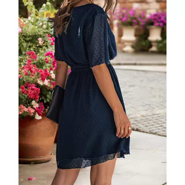 imageBTFBM Women 2023 Fashion Faux Wrap VNeck Dresses Short Sleeve High Waist Belt Swing Ruffle Hem Aline Summer Short DressNavy