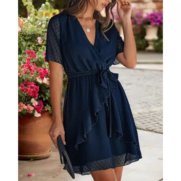 imageBTFBM Women 2023 Fashion Faux Wrap VNeck Dresses Short Sleeve High Waist Belt Swing Ruffle Hem Aline Summer Short DressNavy