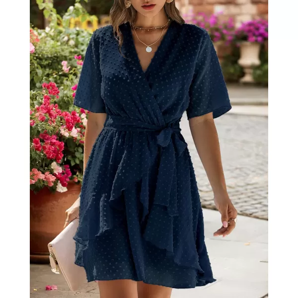 imageBTFBM Women 2023 Fashion Faux Wrap VNeck Dresses Short Sleeve High Waist Belt Swing Ruffle Hem Aline Summer Short DressNavy