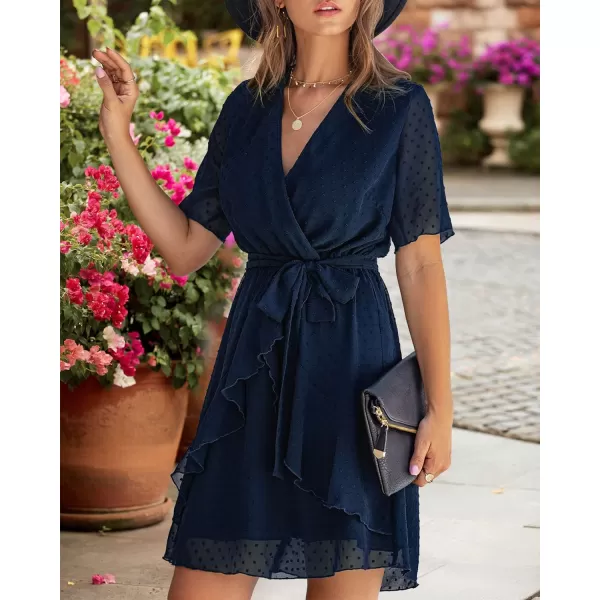 imageBTFBM Women 2023 Fashion Faux Wrap VNeck Dresses Short Sleeve High Waist Belt Swing Ruffle Hem Aline Summer Short DressNavy