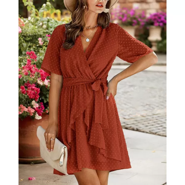 imageBTFBM Women 2023 Fashion Faux Wrap VNeck Dresses Short Sleeve High Waist Belt Swing Ruffle Hem Aline Summer Short DressOrange