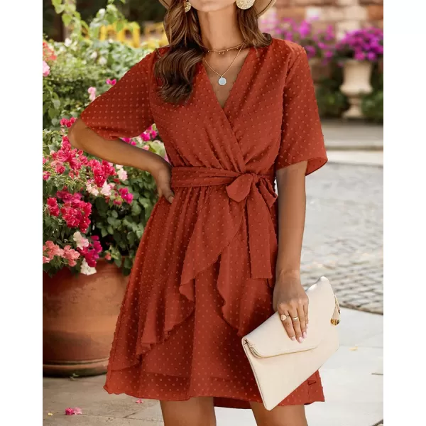 imageBTFBM Women 2023 Fashion Faux Wrap VNeck Dresses Short Sleeve High Waist Belt Swing Ruffle Hem Aline Summer Short DressOrange