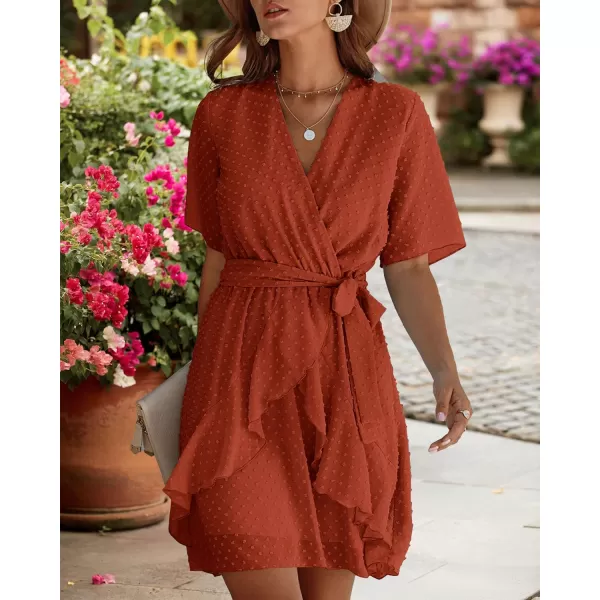 imageBTFBM Women 2023 Fashion Faux Wrap VNeck Dresses Short Sleeve High Waist Belt Swing Ruffle Hem Aline Summer Short DressOrange