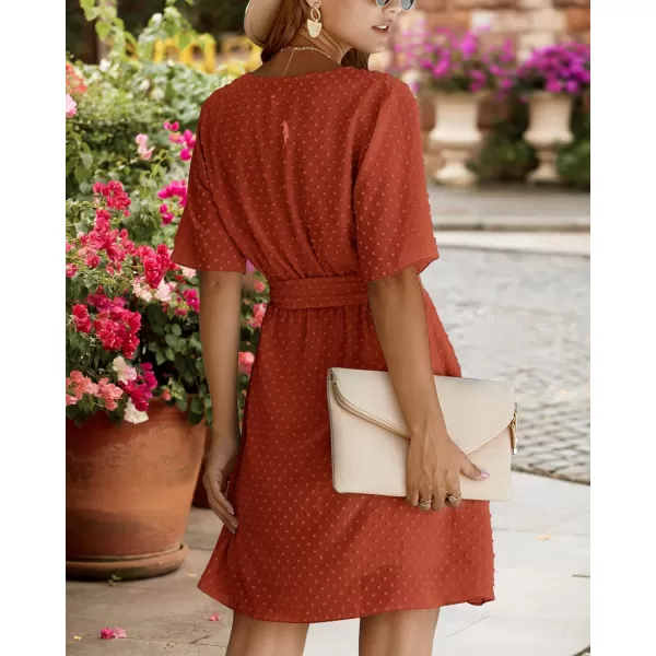 imageBTFBM Women 2023 Fashion Faux Wrap VNeck Dresses Short Sleeve High Waist Belt Swing Ruffle Hem Aline Summer Short DressOrange