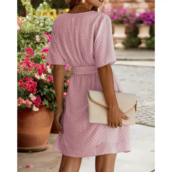 imageBTFBM Women 2023 Fashion Faux Wrap VNeck Dresses Short Sleeve High Waist Belt Swing Ruffle Hem Aline Summer Short DressPink