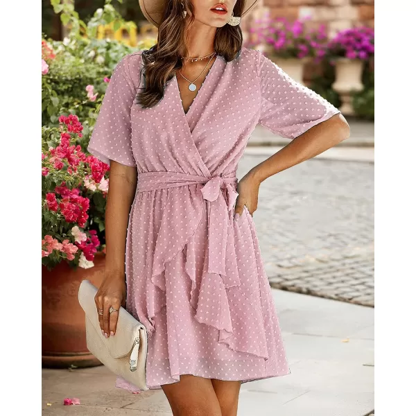 imageBTFBM Women 2023 Fashion Faux Wrap VNeck Dresses Short Sleeve High Waist Belt Swing Ruffle Hem Aline Summer Short DressPink