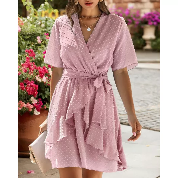 imageBTFBM Women 2023 Fashion Faux Wrap VNeck Dresses Short Sleeve High Waist Belt Swing Ruffle Hem Aline Summer Short DressPink