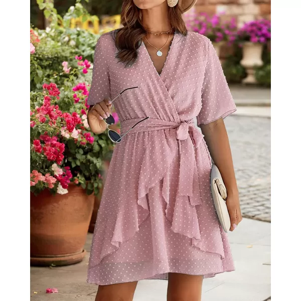imageBTFBM Women 2023 Fashion Faux Wrap VNeck Dresses Short Sleeve High Waist Belt Swing Ruffle Hem Aline Summer Short DressPink