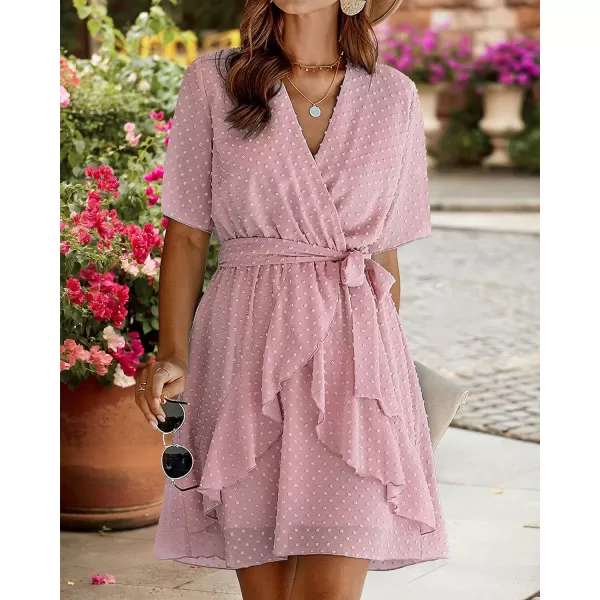 imageBTFBM Women 2023 Fashion Faux Wrap VNeck Dresses Short Sleeve High Waist Belt Swing Ruffle Hem Aline Summer Short DressPink