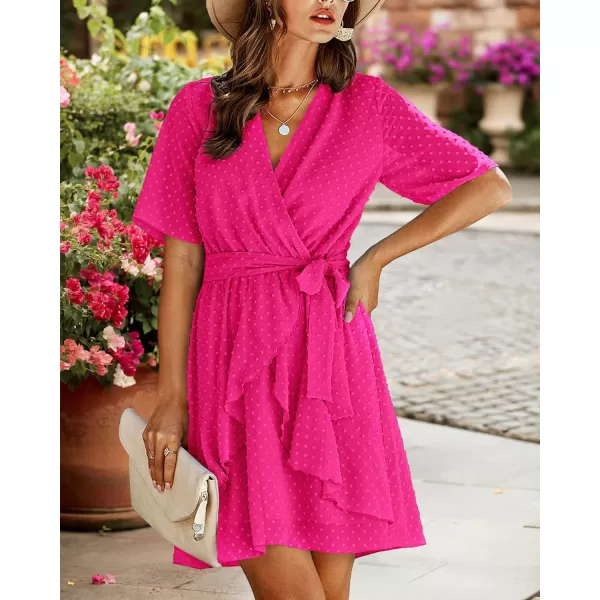 imageBTFBM Women 2023 Fashion Faux Wrap VNeck Dresses Short Sleeve High Waist Belt Swing Ruffle Hem Aline Summer Short DressRose Red