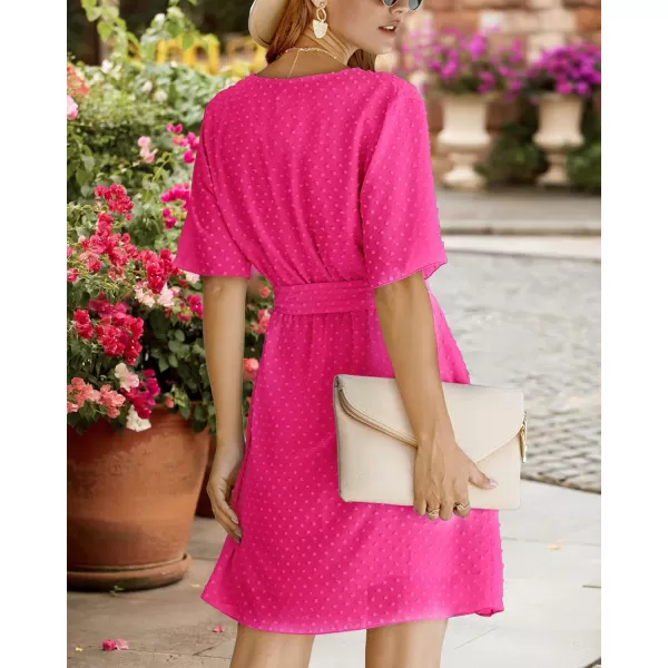 imageBTFBM Women 2023 Fashion Faux Wrap VNeck Dresses Short Sleeve High Waist Belt Swing Ruffle Hem Aline Summer Short DressRose Red