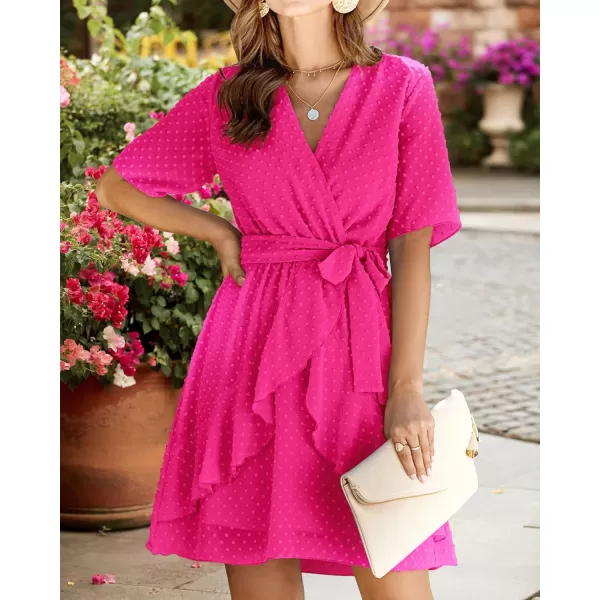 imageBTFBM Women 2023 Fashion Faux Wrap VNeck Dresses Short Sleeve High Waist Belt Swing Ruffle Hem Aline Summer Short DressRose Red