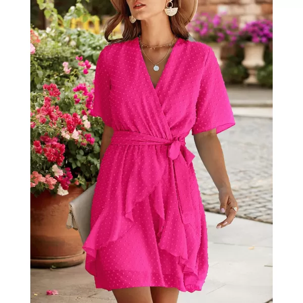 imageBTFBM Women 2023 Fashion Faux Wrap VNeck Dresses Short Sleeve High Waist Belt Swing Ruffle Hem Aline Summer Short DressRose Red