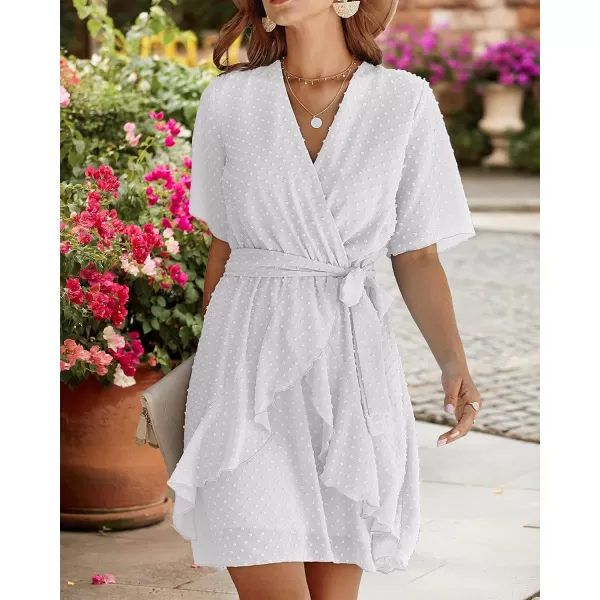 imageBTFBM Women 2023 Fashion Faux Wrap VNeck Dresses Short Sleeve High Waist Belt Swing Ruffle Hem Aline Summer Short DressWhite