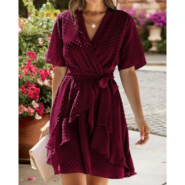 imageBTFBM Women 2023 Fashion Faux Wrap VNeck Dresses Short Sleeve High Waist Belt Swing Ruffle Hem Aline Summer Short DressWine Red
