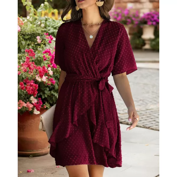 imageBTFBM Women 2023 Fashion Faux Wrap VNeck Dresses Short Sleeve High Waist Belt Swing Ruffle Hem Aline Summer Short DressWine Red