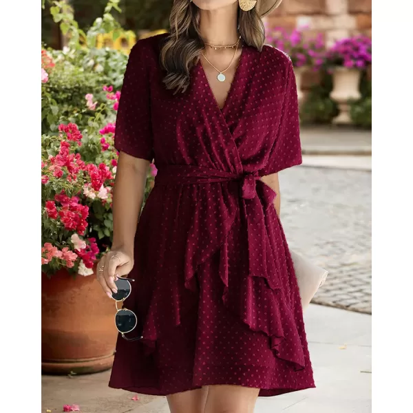 imageBTFBM Women 2023 Fashion Faux Wrap VNeck Dresses Short Sleeve High Waist Belt Swing Ruffle Hem Aline Summer Short DressWine Red