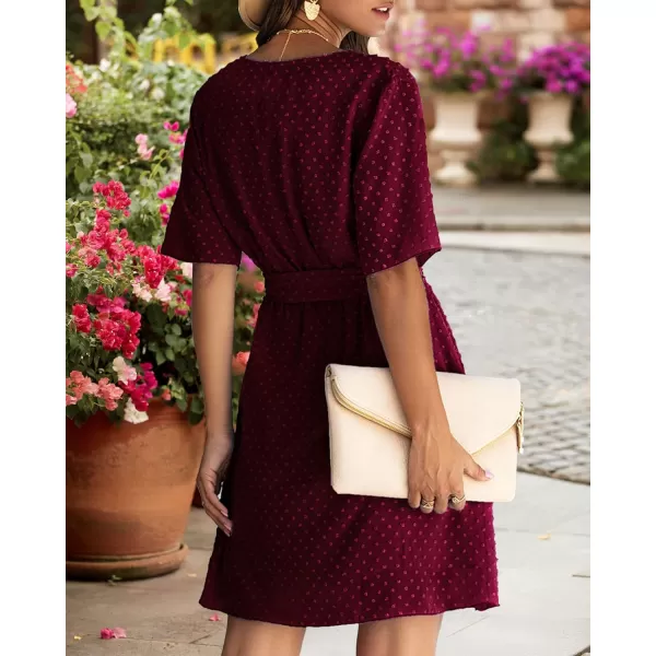 imageBTFBM Women 2023 Fashion Faux Wrap VNeck Dresses Short Sleeve High Waist Belt Swing Ruffle Hem Aline Summer Short DressWine Red