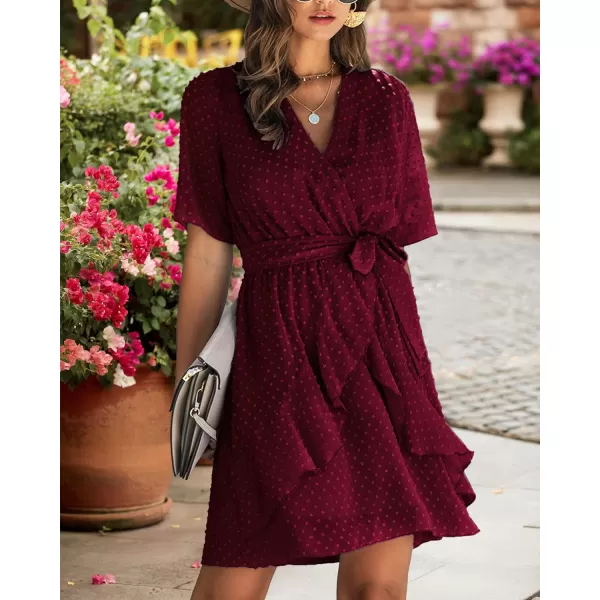 imageBTFBM Women 2023 Fashion Faux Wrap VNeck Dresses Short Sleeve High Waist Belt Swing Ruffle Hem Aline Summer Short DressWine Red