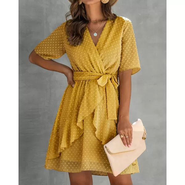 imageBTFBM Women 2023 Fashion Faux Wrap VNeck Dresses Short Sleeve High Waist Belt Swing Ruffle Hem Aline Summer Short DressYellow