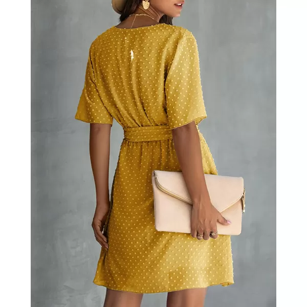 imageBTFBM Women 2023 Fashion Faux Wrap VNeck Dresses Short Sleeve High Waist Belt Swing Ruffle Hem Aline Summer Short DressYellow