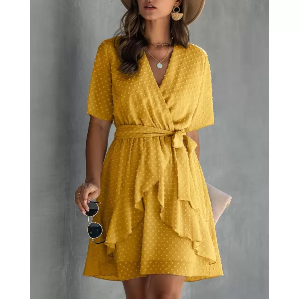 imageBTFBM Women 2023 Fashion Faux Wrap VNeck Dresses Short Sleeve High Waist Belt Swing Ruffle Hem Aline Summer Short DressYellow
