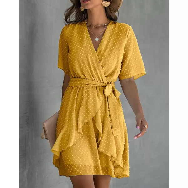 imageBTFBM Women 2023 Fashion Faux Wrap VNeck Dresses Short Sleeve High Waist Belt Swing Ruffle Hem Aline Summer Short DressYellow
