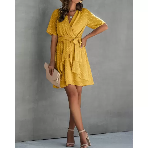 imageBTFBM Women 2023 Fashion Faux Wrap VNeck Dresses Short Sleeve High Waist Belt Swing Ruffle Hem Aline Summer Short DressYellow