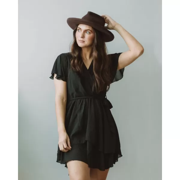 imageBTFBM Women 2023 Fashion Faux Wrap VNeck Dresses Short Sleeve High Waist Belt Swing Ruffle Hem Aline Summer Short DressZblack