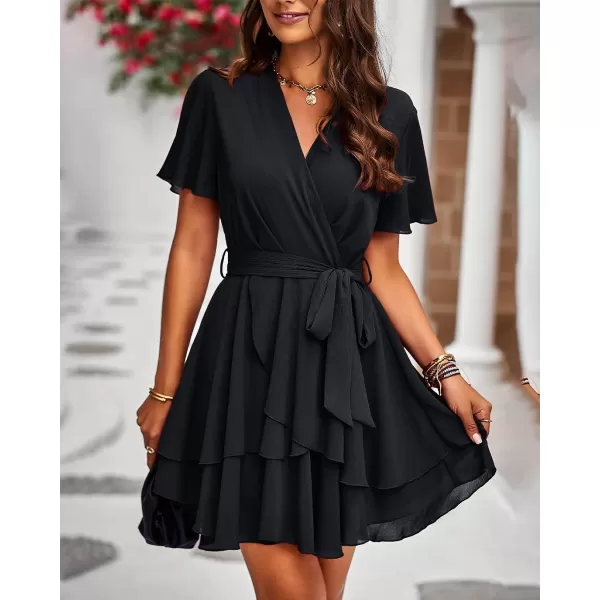 imageBTFBM Women 2023 Fashion Faux Wrap VNeck Dresses Short Sleeve High Waist Belt Swing Ruffle Hem Aline Summer Short DressZblack
